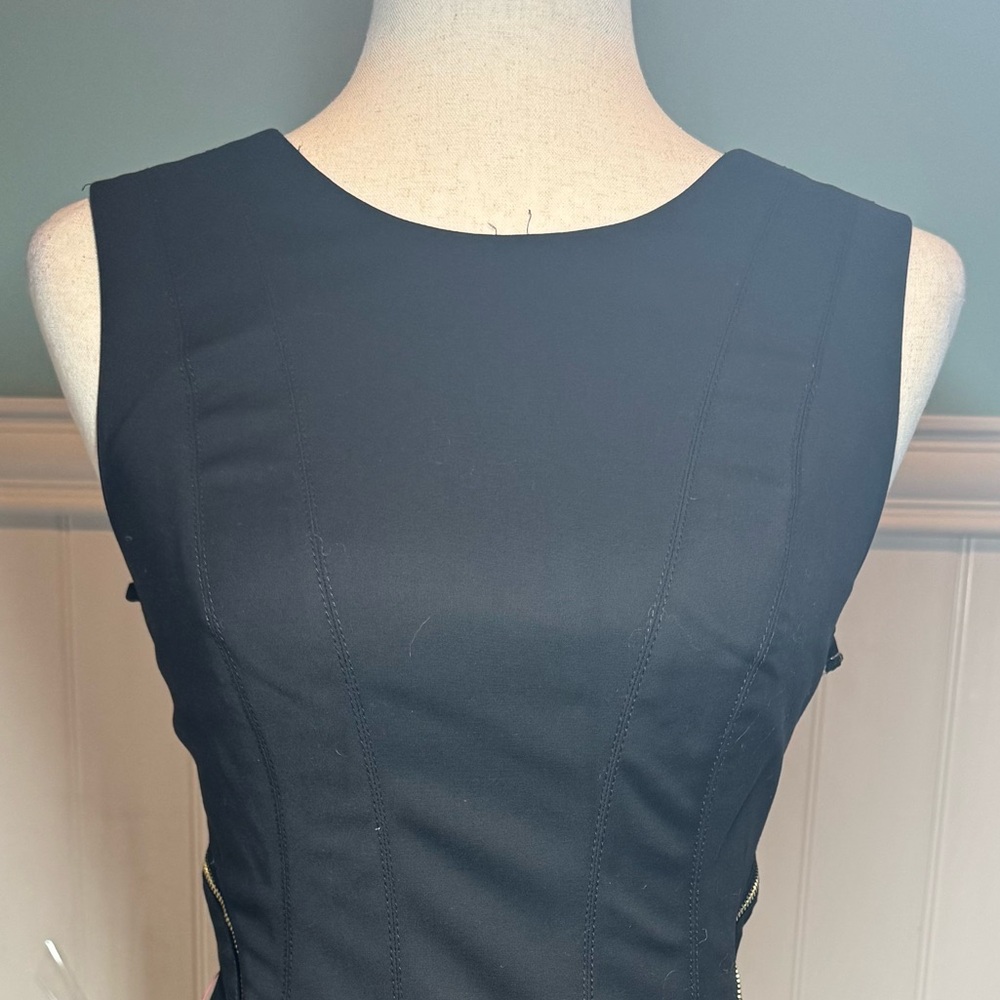Bebe Little Black Dress Midi Sheath Dress Gold Zippers Bondage Women’s SZ 2 - Picture 2 of 15
